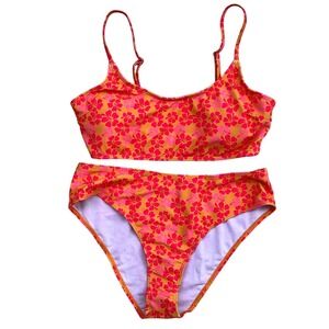 SHEIN Hibiscus Floral Bikini Set Womens Large Orange Pink NWOT High Waist